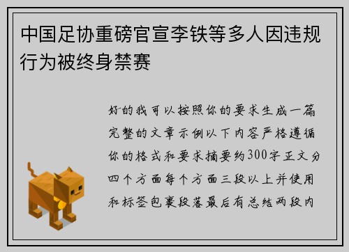 中国足协重磅官宣李铁等多人因违规行为被终身禁赛